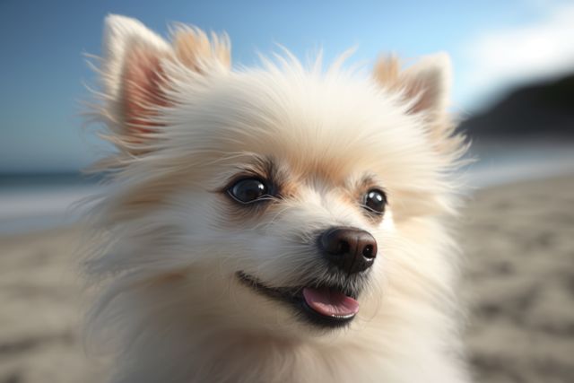 Cute Pomeranian dog enjoying a sunny day at the beach, perfect for promoting pet products, outdoor activities with pets, and beach vacations.