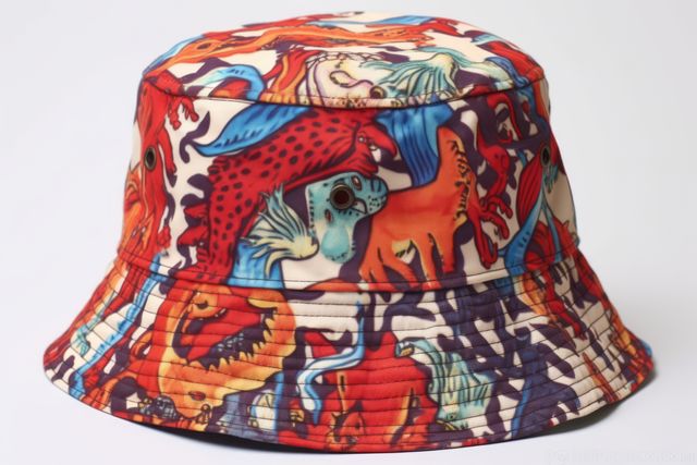 Bucket hat with colourful pattern on white background, created using generative ai technology. Fashion, hats and headwear concept digitally generated image.