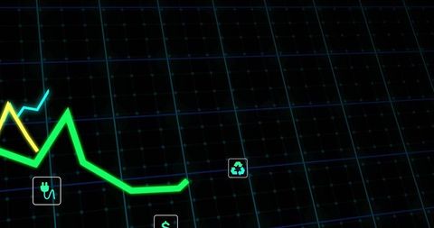 Neon Energy Dashboard Graph Showing Recycle Plug Dollar Icons on Futuristic Grid Interface