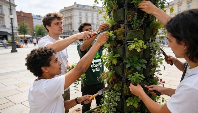 Young volunteers planting vertical living wall at urban plaza, community greening