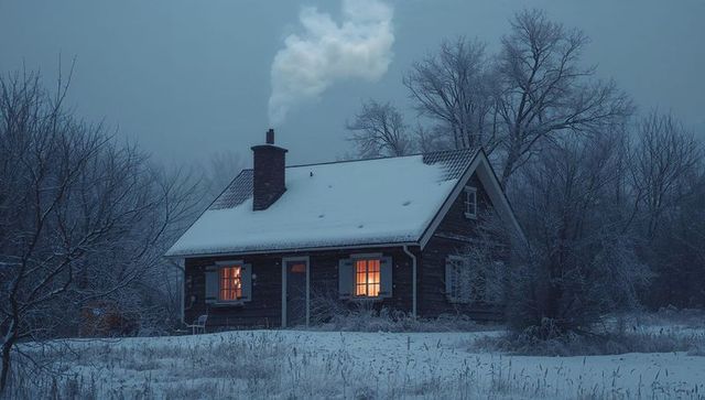 Cozy snow-covered cabin glowing at dusk with chimney smoke in frosty meadow