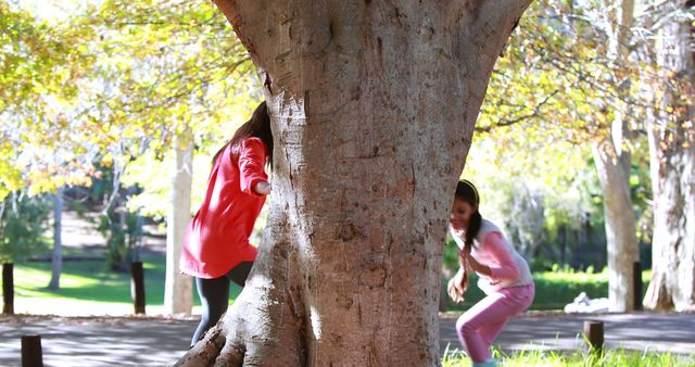 Two children are seen joyously playing the classic game of hide and seek around the trunk of a large tree in a sunny park. The image captures the innocence and pure delight of childhood, with the bright sunlight filtering through the leaves, enhancing the lively atmosphere. Ideal for use in promotional materials for parks, recreational activities, family-oriented products, or advertising campaigns focused on outdoor play and child wellness.
