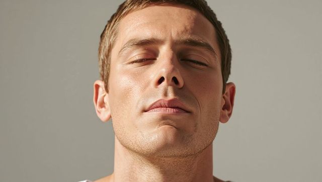 Closeup calm male headshot with closed eyes showcasing natural skin texture and stubble