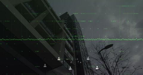 Digital data overlay on urban skyscraper at dusk