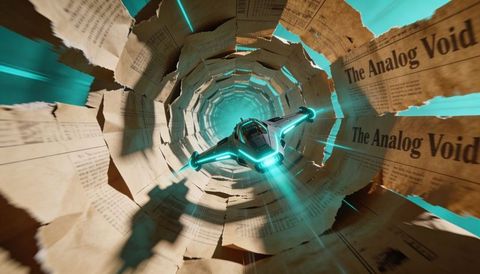 Futuristic starship spiraling through torn newspaper tunnel emitting teal cyan glow