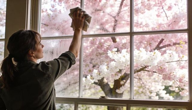 Woman wiping window with cloth while cherry blossoms blooming outside — spring cleaning calm