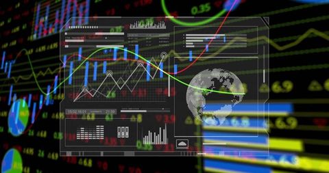 Interactive Digital Dashboard with Financial Charts and Global Icon