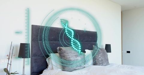 Futuristic holographic DNA helix projecting over modern bedroom interior for smart health tech