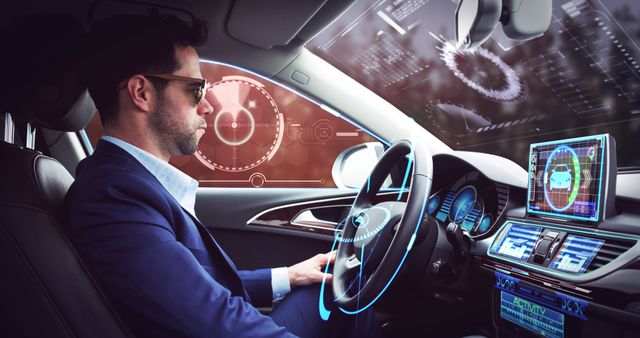 Businessman in Autonomous Self-Driving Car with Futuristic Dashboard - Download Free Stock Images Pikwizard.com