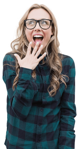 Surprised caucasian woman wearing glasses on transparent background