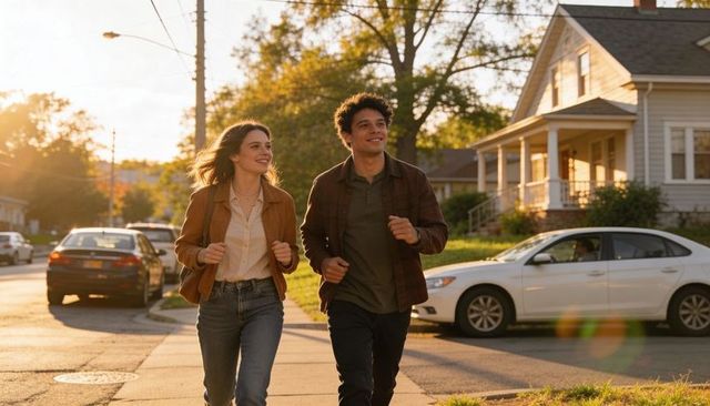 Young couple walking and smiling on suburban sidewalk at golden hour with warm sunlight