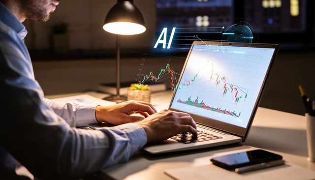 Trader analyzing stock charts on laptop with holographic ai interface at night