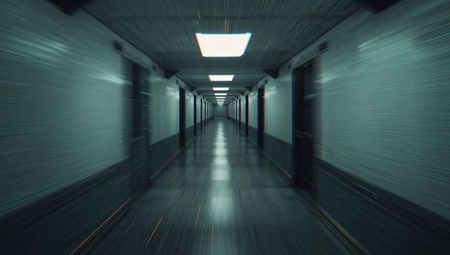 Long hotel corridor narrowing into distance with motion blur and moody fluorescent lights