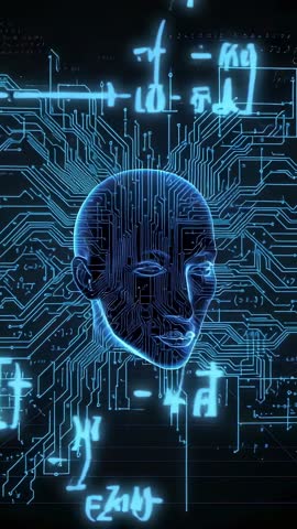 Rotating Wireframe Head in Neon Circuit Data Matrix Vertical Video for AI Visuals