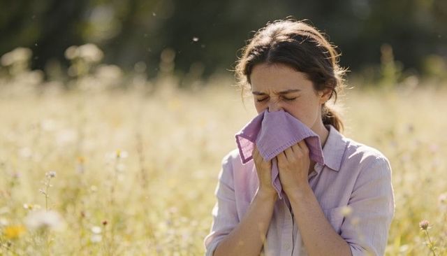 Woman sneezing into handkerchief in sunlit wildflower meadow pollen allergy concept