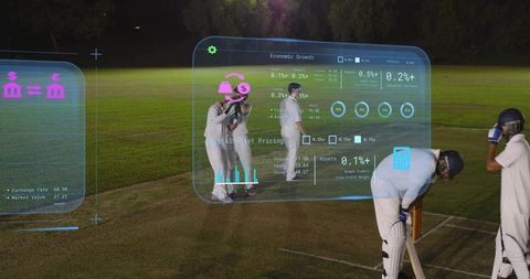 Night cricket teammates celebrating hug under floodlights with ar finance overlays