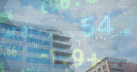 Stock Market Data Overlaid on Urban Cityscape