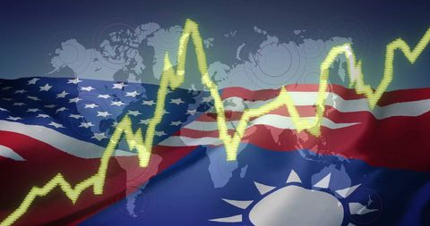 Financial growth graph over usa and taiwan flags highlighting global investment