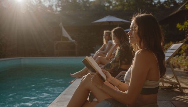 Reading by backyard pool at golden hour while friends are relaxing on sunlit summer patio