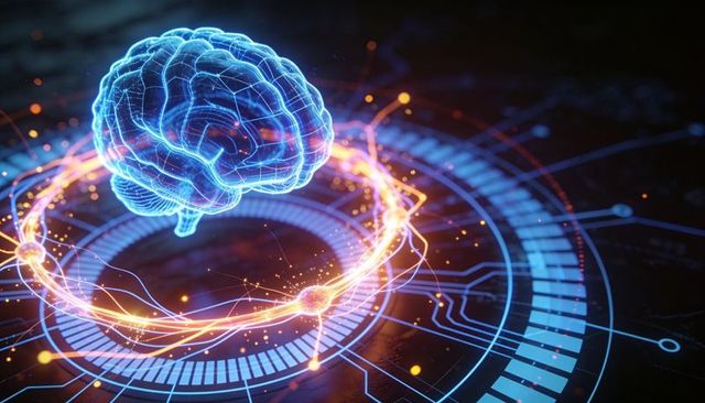 Holographic Brain Hovering Above Neon Circuit HUD with Glowing Neural Energy Orbit