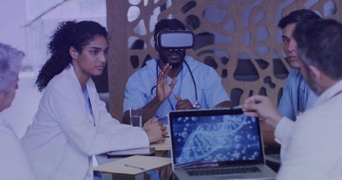 Healthcare team using virtual reality for clinical training and DNA research collaboration