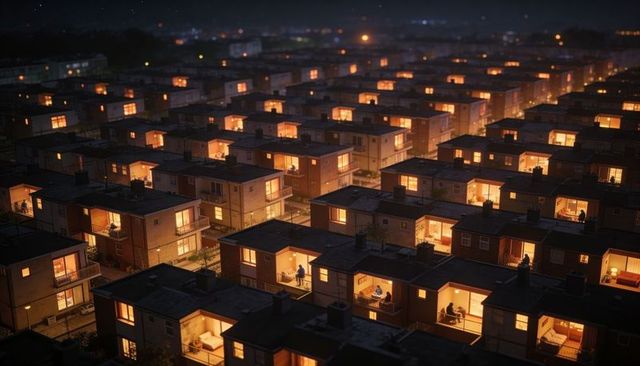 Nocturnal Grid of Glowing Suburban Modular Homes Showing Warm Interiors and Silhouettes