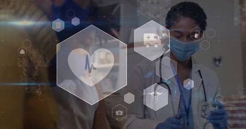 Nurse preparing vaccine vial while augmented reality medical icons overlay clinical workspace