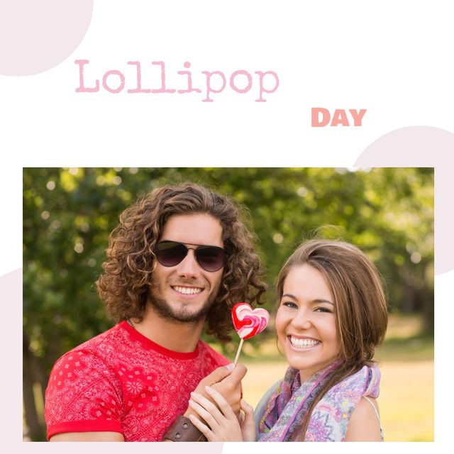 Portrait of happy young caucasian couple holding heart shape candy with lollipop day text frame. digital composite, sweet food and celebration concept, lollipop, childhood, love, togetherness.