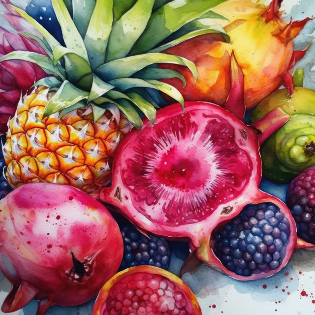 A colorful watercolor painting featuring tropical fruits such as dragon fruit, pineapple, pomegranate, and blackberries. Suitable for use in wall art, kitchen decor, food blogs, healthy eating campaigns, and as illustrations in magazines or cookbooks.