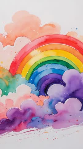Vertical watercolor rainbow arching through pastel clouds with vibrant paint splatter