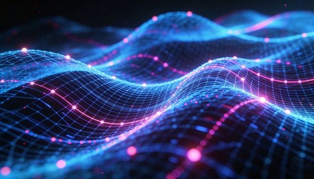 Neon data wave mesh with glowing nodes and flowing light trails for futuristic network