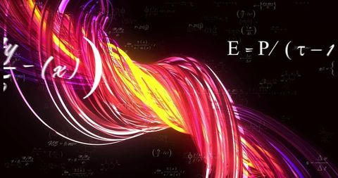 Flowing neon energy ribbon conveying data motion and mathematical equations