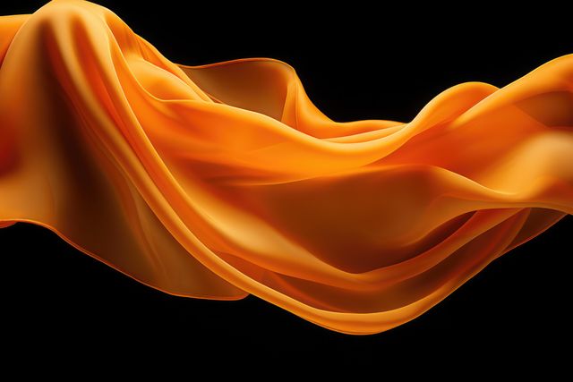 Close up of orange silk material on black background, created using generative ai technology. Fabric, texture and colour concept digitally generated image.