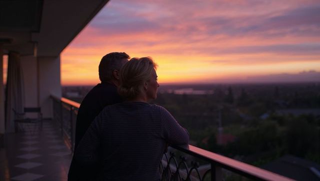 Couple watching vibrant sunset from balcony at dusk overlooking suburban landscape