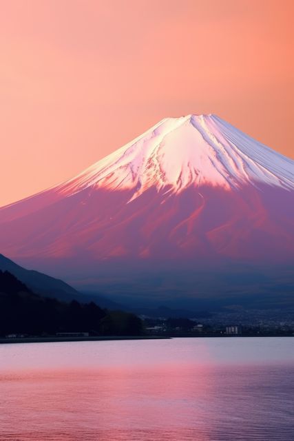 Mount Fuji towering over tranquil lake reflecting pink sky at sunrise. Ideal for travel brochures, nature calendars, and websites promoting Japanese tourism and scenic beauty. Perfect for backgrounds, wallpapers, and inspirational posters.