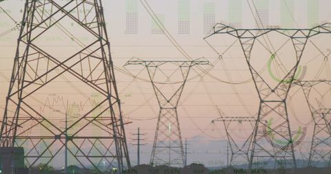 Power Lines Against Data Visualization Overlay Background - Download Free Stock Images Pikwizard.com