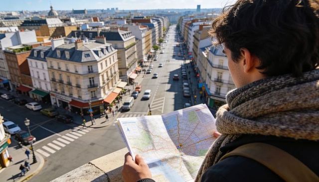 Tourist holding city map overlooking european boulevard from rooftop terrace, exploring city