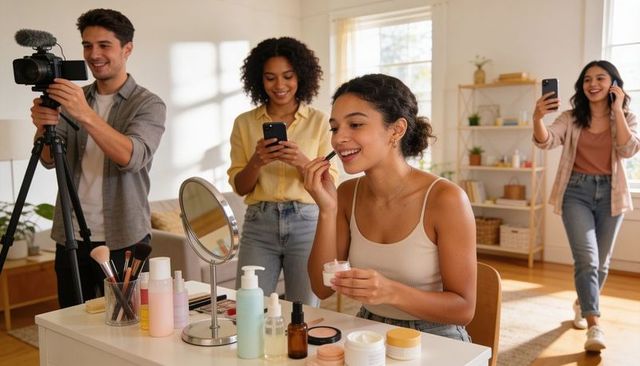 Young woman applying cream at vanity while filming beauty tutorial with friends