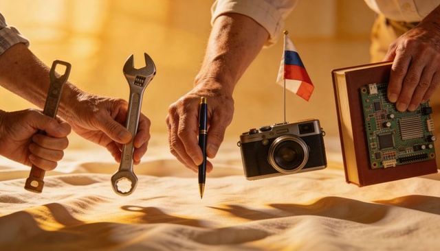 Hands holding tools, pen, camera with russian flag and circuit book symbolizing teamwork