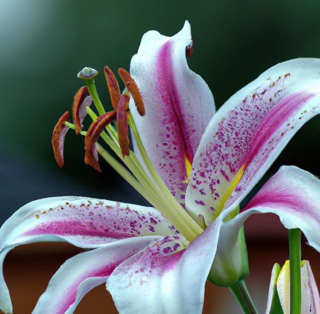 Close-up view of a vibrant stargazer lily with pink and white petals and orange pollen against a blurred, green background. Ideal for botanical and floral projects, gardening and horticulture publications, and nature blogs.