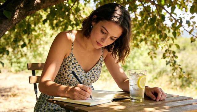 Young woman journaling outdoors under tree on rustic wooden table with lemon water glass