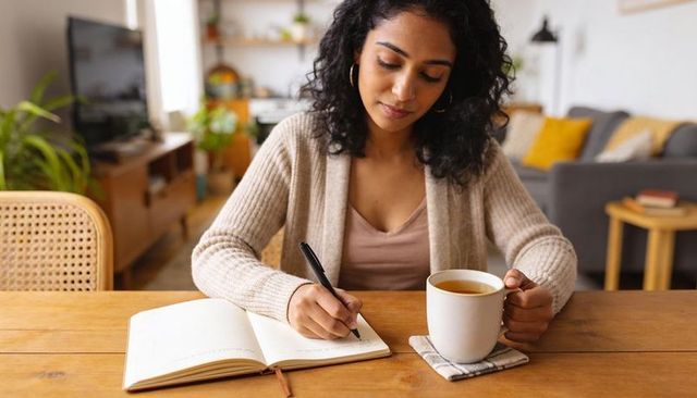 Indian woman writing journal while holding mug at cozy living room for morning routine