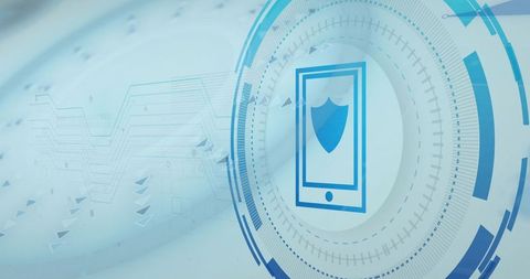 Mobile security interface with shield emblem and futuristic hud rings for cyber protection