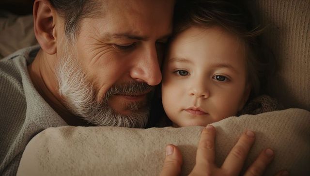 Father cuddling child on sofa sharing warm blanket and tender bonding moment at home