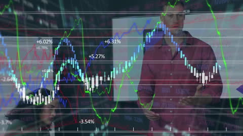 Diverse Team Analyzing Dynamic Financial Data Trends in Innovative Office