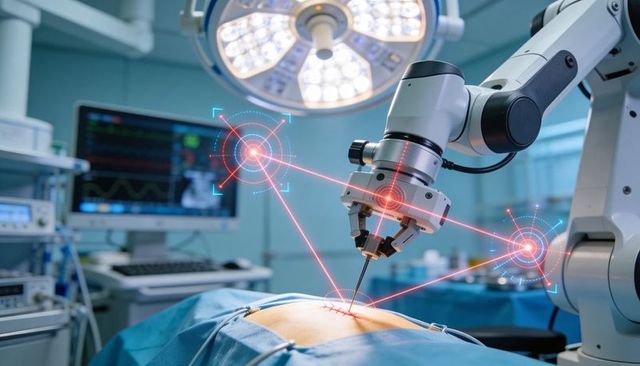 Robotic surgical arm performing precision suturing on abdominal incision with ar guidance
