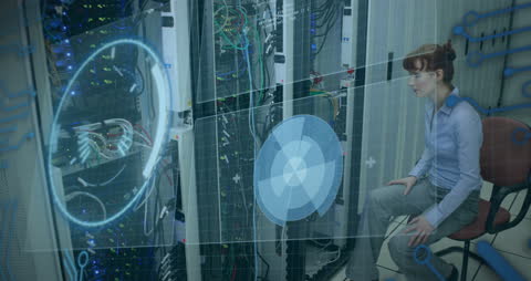 Woman Analyzing Augmented Reality Data in Server Room