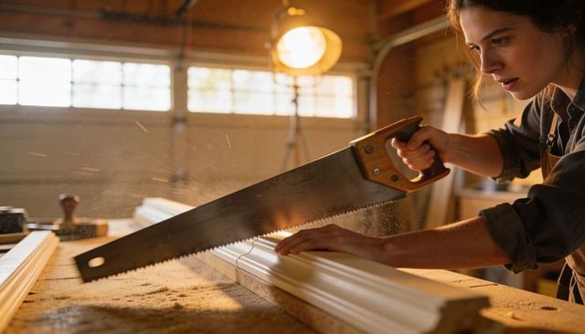 Woman sawing decorative molding under clamp lamp using hand saw, closeup woodworking shop