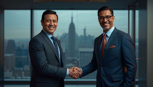 Businessmen Sealing Deal with Handshake in Modern Office