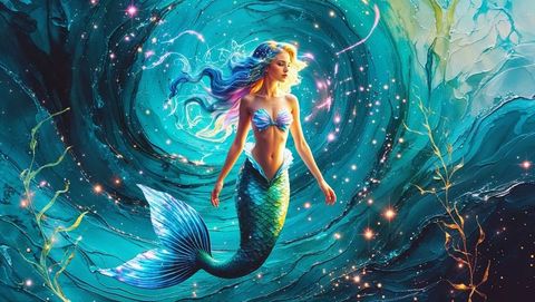 Enchanting mermaid ambiance with iridescent tail in underwater vortex